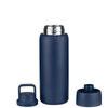 A drink bottle in dark blue with a stainless steel opening and two removable lids. It features a logo on the side.