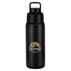 A drink bottle featuring a textured black design and a prominent logo, with a sturdy lid and handle.