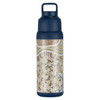 A drink bottle in navy blue featuring an intricate patterned design. It has a logo and holds 750ml.