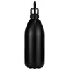 A drink bottle in matte black stainless steel with a silver top and a handle, featuring a logo.