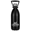 A drink bottle in matte black stainless steel with a silver insulated lid and a handle. Features a logo.