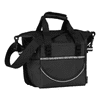 A black cooler bag with adjustable shoulder straps, featuring a front pocket and reflective stripes. Includes branding.