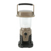 A mini camping lantern in tan and black, featuring a handle and a push button. It has a logo on the base.