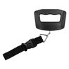A black luggage scale with a handle and a strap attached, featuring a metal clip for securing bags.