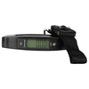 A black digital luggage scale with a strap and an LCD display showing weight measurement.