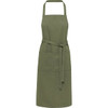 A green apron with a tie belt and two front pockets. The material is heavy and made from recycled fibres.