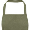 An olive green apron with a simple design and a logo at the top.