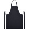 A black apron made from 240 g/m² recycled material, featuring a front pocket and adjustable ties.