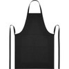 A black apron made from 240 g/m² recycled material, featuring a front pocket and ties.
