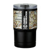 A drink bottle with a patterned design in shades of black, cream, and earthy tones, featuring a logo.