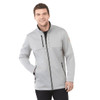 A men's softshell jacket in light grey with a zippered front and a logo, featuring a modern design.