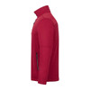 A red men's softshell jacket features a high collar and zippered pockets, with a logo present.