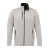 A light grey waterproof softshell jacket with a high collar and zippered pockets, featuring a black trim.