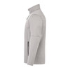 A grey softshell jacket with a high collar, front zip, and zippered side pockets. It features a logo on the chest.