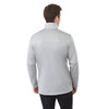 A men's soft shell jacket in light grey with a high collar and long sleeves, featuring a logo on the back.