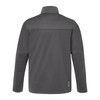 A men's softshell jacket in dark grey with a collar and logo branding on the back.