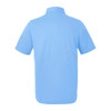 A light blue men's polo shirt featuring a collar and short sleeves, includes a logo on the front.