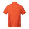 An orange short sleeve performance polo shirt featuring a logo and a sporty design.