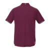 A maroon short sleeve polo shirt featuring a logo and grey accents on the collar and sleeves.
