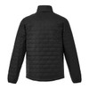 A lightweight black insulated puffer jacket with a quilted design and a high collar, featuring a branding logo.