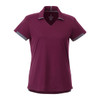 A women's short sleeve polo shirt in maroon with grey accents and a v-neck design. Features a logo.