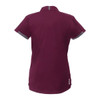 A maroon women's short sleeve performance polo shirt featuring a collar and grey accents. It has a logo on the back.