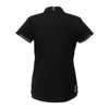 A black women's short sleeve performance polo with a modern design, featuring a logo on the back.