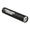A black rechargeable flashlight with a silver front and a logo printed on its body.