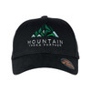 A black cap featuring an embroidered mountain design and a logo on the side.