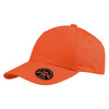 An orange organic cotton twill cap with a rounded peak and a branded logo on the front.