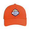 An orange cap featuring a logo on the front. It has a curved brim and an adjustable strap at the back.