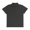 A black polo shirt with a classic collar and three-button placket, featuring a logo on the chest.