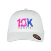A white cap featuring a multicoloured embroidered design with the text "10K RUNNING" and a logo.