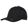 A black cap featuring a mesh design and a branded logo on the front.