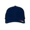 A navy blue cap featuring mesh sides and a branded logo on the side.