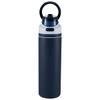 A drink bottle featuring a navy blue body, white accents, and a flip straw lid. It has a handle and a logo.