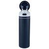 A drink bottle featuring a navy blue design, stainless steel construction, and a flip straw lid. It includes a logo.