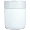 A drink bottle featuring a white ceramic design with a silicone wrap and an embossed logo.