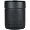 A drink bottle featuring a black ceramic tumbler with a silicone wrap and a logo on the front.