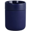 A ceramic tumbler in navy blue with a silicone wrap, featuring a smooth surface and a sleek design.