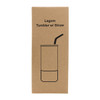 A drink bottle packaging featuring a tumbler design with a straw, in a neutral cardboard colour.
