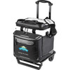 A black and white rolling cooler with a handle, featuring cup holders and a front zip pocket, includes a logo.