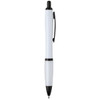 A black and white pen with a translucent barrel and a black clip, featuring a logo on the body.