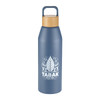 A drink bottle in matte blue with a bamboo lid and a logo on the front. Holds 1 litre.