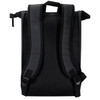 A black roll-top backpack featuring padded adjustable straps and a mesh back for comfort. It has a logo on the exterior.