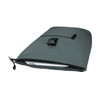 A grey roll-top backpack with a zippered compartment containing a laptop and an exterior pocket, featuring a logo.