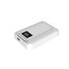 A white power bank with a phone stand, featuring a digital display for battery percentage and a USB port.