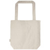 A natural beige tote bag with two sturdy handles and a plain design. It features a small branding label.