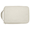 A toiletry organiser in a light beige fabric with a zip closure and a carrying handle. Features a logo.