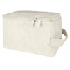 A cream toiletry organiser with a zip closure and a handle on the side. It has a simple design and a logo.